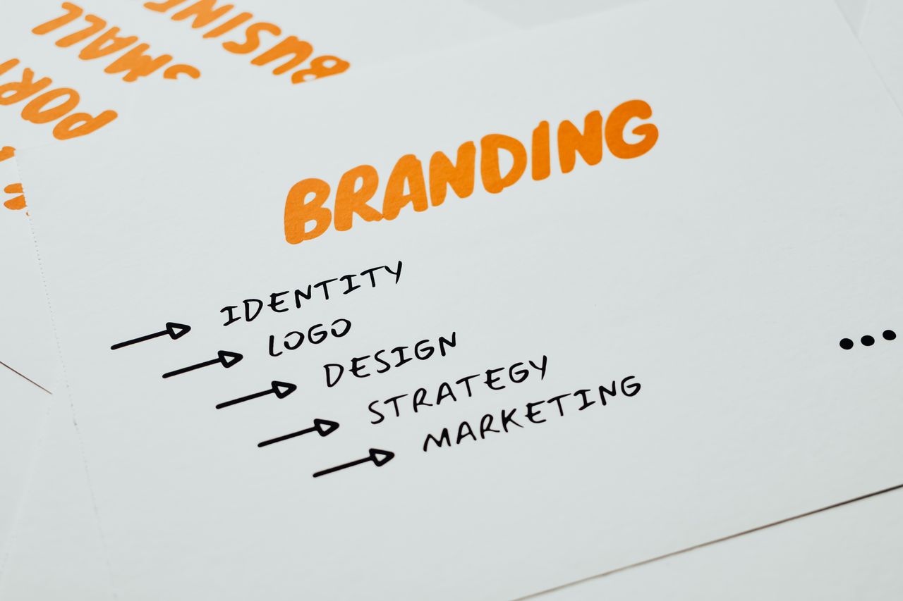 Vue rapprochée d’un document présentant des concepts de branding, d’identité, de design, de stratégie et de marketing en orange et noir.